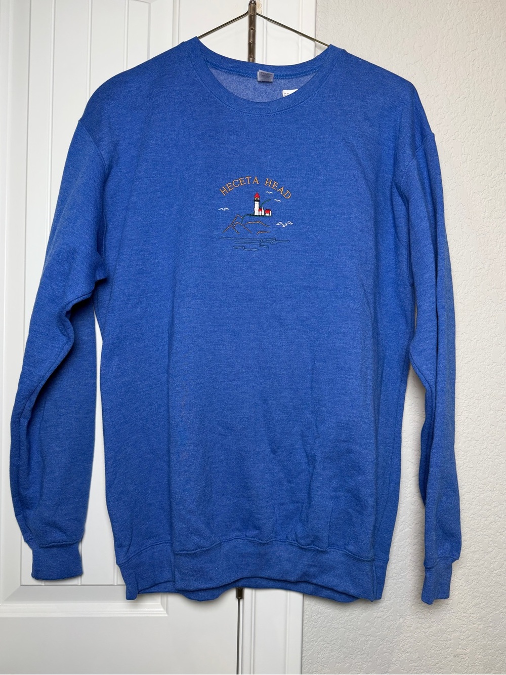 Luxe Royal Blue Men's Crewneck Sweater with Lighthouse Embroidery